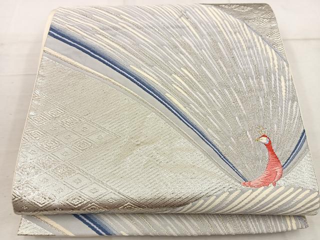 平和屋着物◎六通柄袋帯 唐織 孔雀 銀糸 正絹 逸品 BAAW3989mz