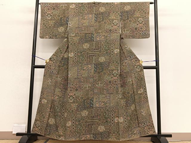平和屋着物▼上質な小紋 陶器更紗花鳥文 鬼しぼ縮緬 正絹 逸品 BAAW4177hv