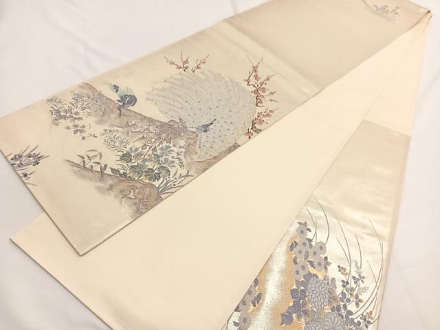 平和屋着物▼六通柄袋帯 唐織 孔雀花文 金糸 引箔 正絹 逸品 BAAW4395hv
