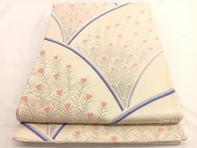 平和屋着物◎六通柄袋帯 唐織 孔雀羽文 銀糸 正絹 逸品 BAAW4467hv