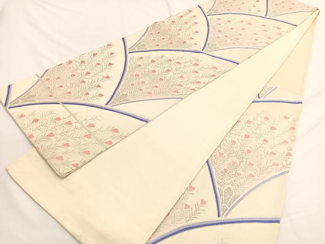 平和屋着物◎六通柄袋帯 唐織 孔雀羽文 銀糸 正絹 逸品 BAAW4467hv