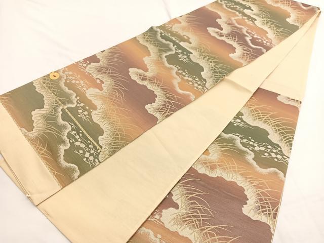 平和屋着物◎西陣 六通柄袋帯 箔散らし草葉文 金銀糸 証紙付き 正絹 逸品 BAAW4476hv