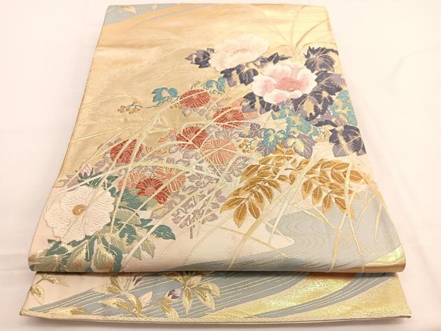 平和屋着物◎六通柄袋帯 唐織 抱一四季草花文 金糸 正絹 逸品 BAAW4526hv