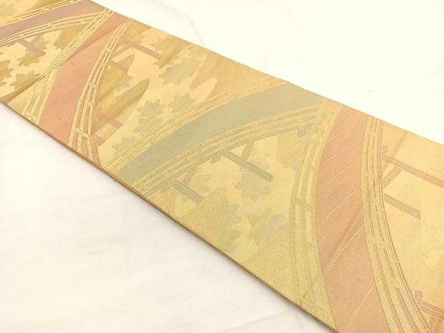 平和屋着物◎六通柄袋帯 竜田川渡橋文 金糸 正絹 逸品 BAAW4528hv
