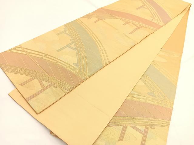 平和屋着物◎六通柄袋帯 竜田川渡橋文 金糸 正絹 逸品 BAAW4528hv