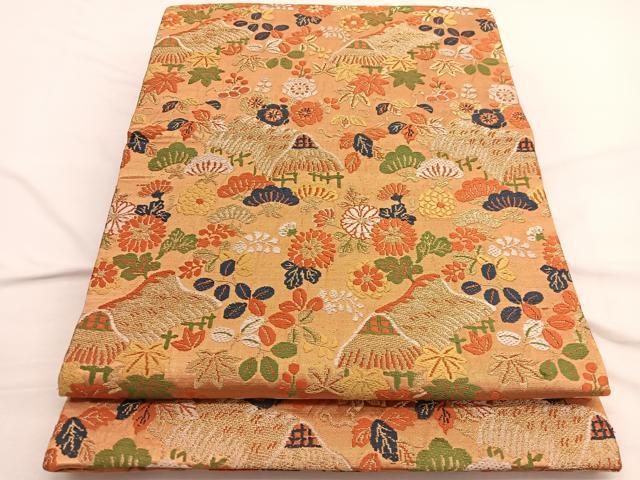 平和屋着物◎九寸開き名古屋帯 唐織 茶屋辻草花文 金糸 引箔 正絹 逸品 BAAW4556hv