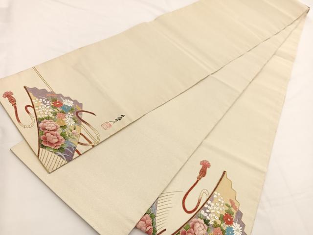 平和屋着物◎太鼓柄袋帯 作家物 箔つづれ 扇面花文 金糸 正絹 逸品 BAAW4561hv