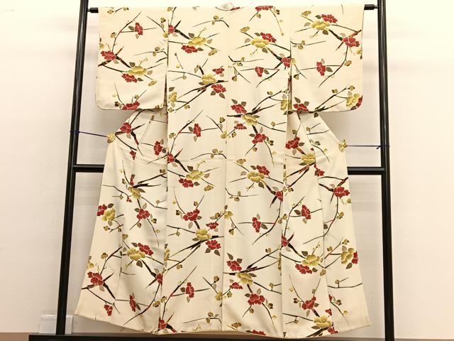 平和屋着物■上質な小紋 型染め 枝椿 正絹 逸品 BAAW4651hv