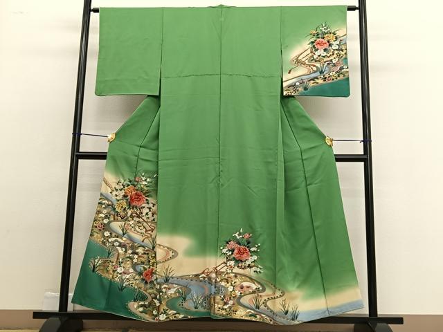 平和屋着物■訪問着 手描き 刺繍 流水花車文 暈し染め 金彩 正絹 逸品 BAAW4859hv