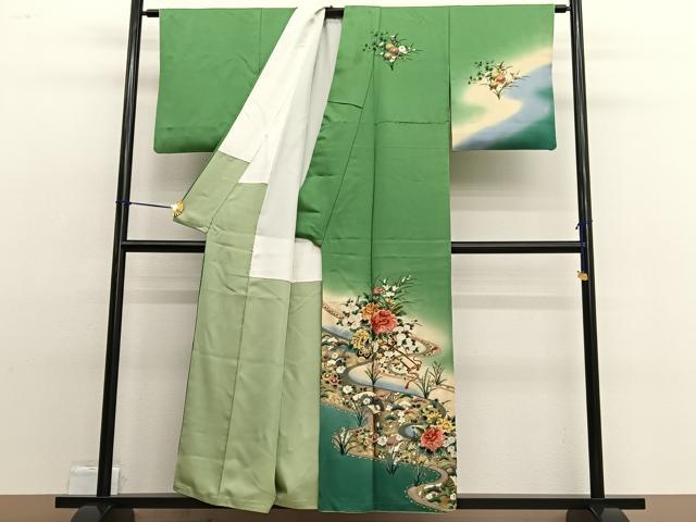 平和屋着物■訪問着 手描き 刺繍 流水花車文 暈し染め 金彩 正絹 逸品 BAAW4859hv