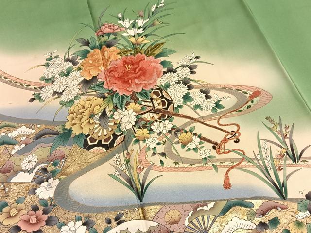 平和屋着物■訪問着 手描き 刺繍 流水花車文 暈し染め 金彩 正絹 逸品 BAAW4859hv