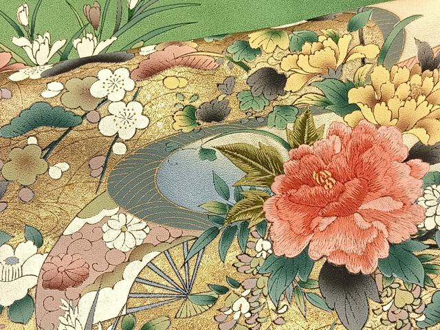平和屋着物■訪問着 手描き 刺繍 流水花車文 暈し染め 金彩 正絹 逸品 BAAW4859hv