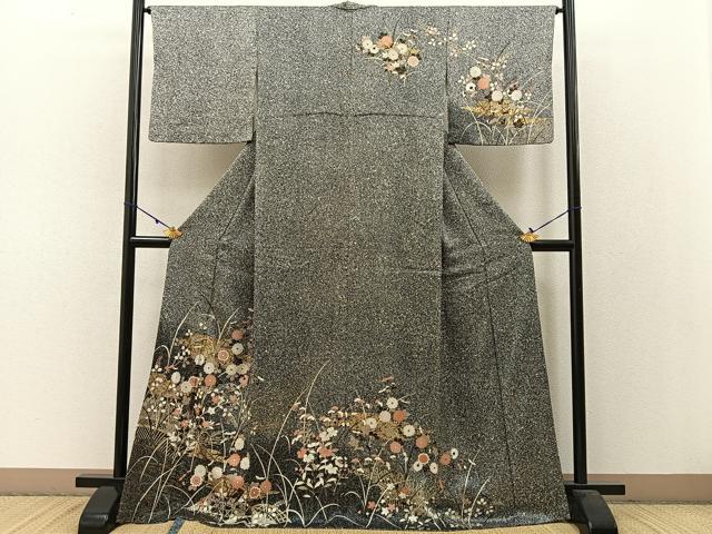 平和屋着物○訪問着 流水草花文 たたき染め 黒地 金彩 正絹 逸品