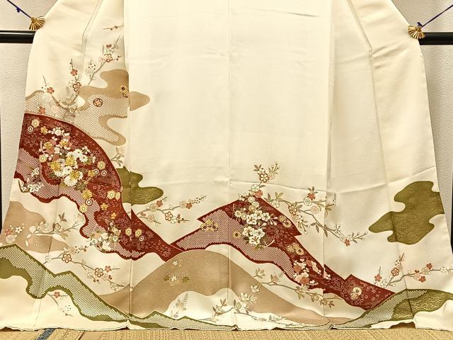 平和屋着物●十日町 名門青柳謹製 訪問着 駒刺繍 重ね山鹿の子枝花文 金彩 京都きもの友禅扱い ロング丈 正絹 逸品 未使用 BAAW5017hj