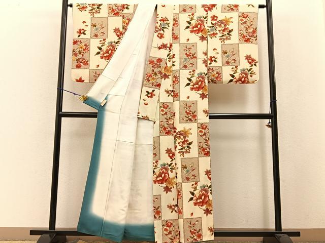 平和屋着物●上質な小紋 市松草花文 金彩 正絹 逸品 BAAW5058hj