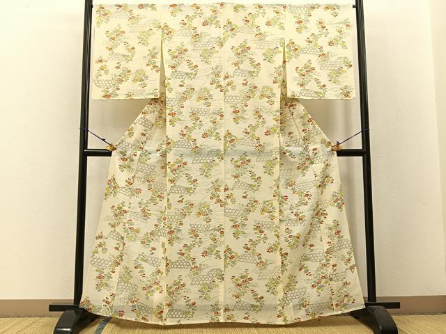 平和屋着物*夏物 小紋 絽 手描き 籬草花文 正絹 逸品 BAAW5072hj