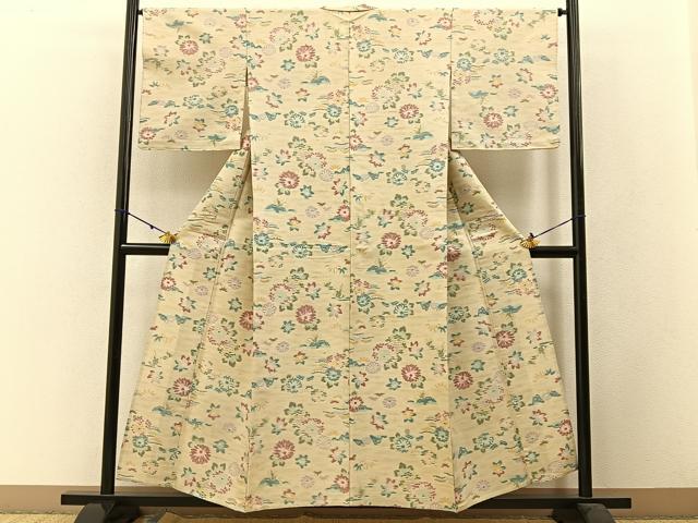 平和屋着物▽上質な紬 単衣 菊楓文 正絹 逸品 BAAW5096hj