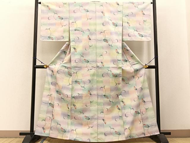 平和屋着物▽小千谷本真綿紬 単衣 草葉文 証紙付き 正絹 逸品 未使用 BAAW5099hj
