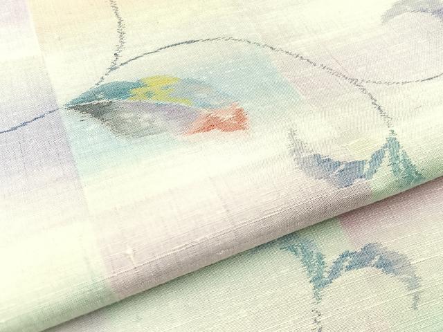 平和屋着物▽小千谷本真綿紬 単衣 草葉文 証紙付き 正絹 逸品 未使用 BAAW5099hj