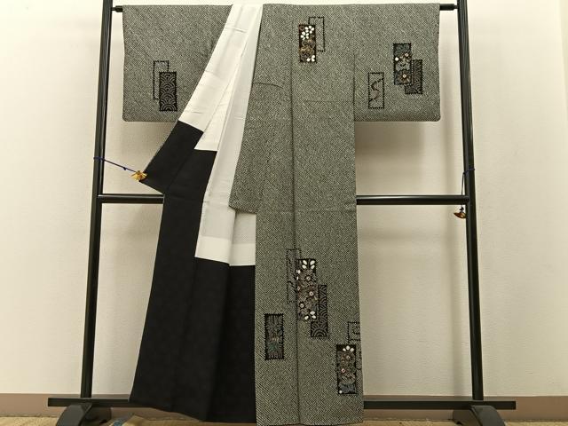平和屋着物●訪問着 総絞り 短冊流水花文 黒地 金彩 正絹 逸品 BAAW5103hj