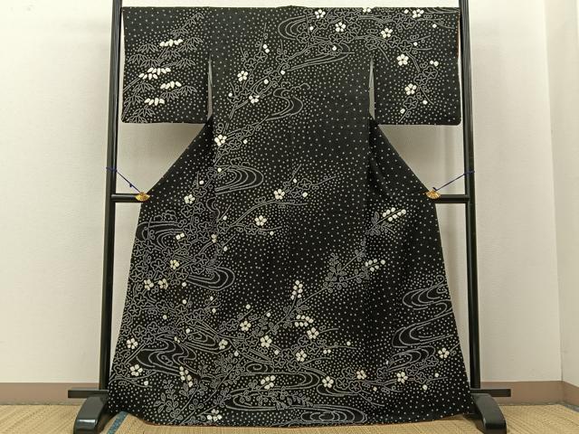 平和屋着物●訪問着 絞り 流水梅文 黒地 正絹 逸品 BAAW5136hj