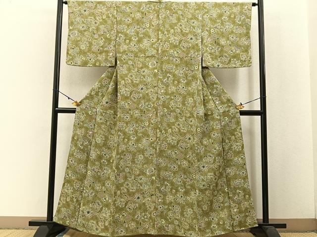 平和屋着物●上質な小紋 更紗花文 たたき染め 金彩 鬼しぼ縮緬 正絹 逸品 BAAW5162hj