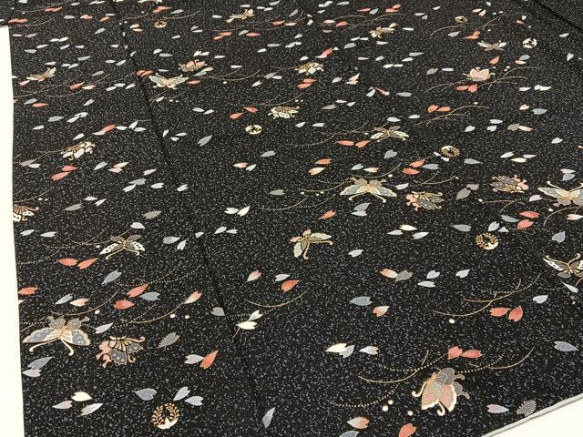 平和屋着物●上質な小紋 花蝶文 たたき染め 黒地 金彩 正絹 逸品 BAAW5169hj