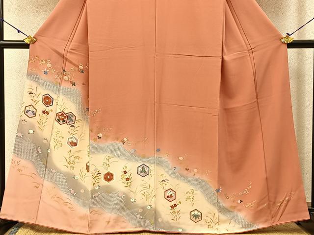 平和屋着物●訪問着 亀甲花蝶文 暈し染め 金彩 正絹 逸品 BAAW5173hj