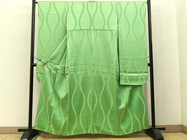 平和屋着物●豪華振袖 色無地 立涌地紋 若緑色 正絹 逸品 BAAW5193hj