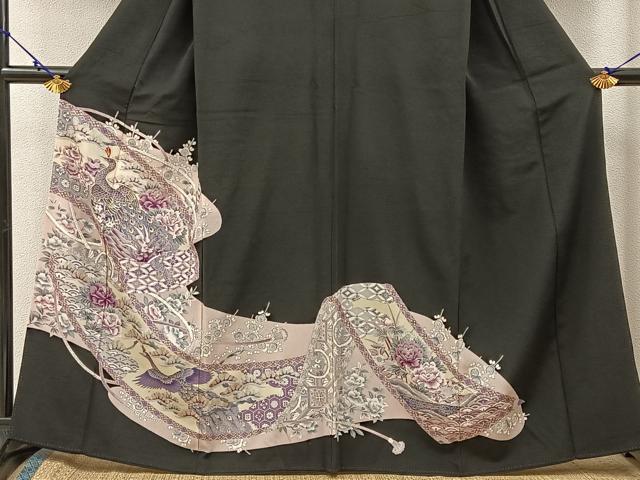 平和屋着物■豪華黒留袖 駒刺繍 孔雀有職花文 金彩 正絹 逸品 BAAW5345hj
