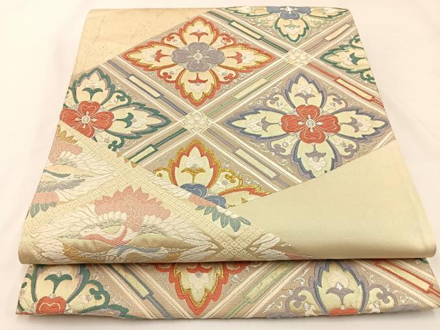 平和屋着物◎六通柄袋帯 唐織 菱天井双鶴花文 金銀糸 正絹 逸品 BAAW5357hj
