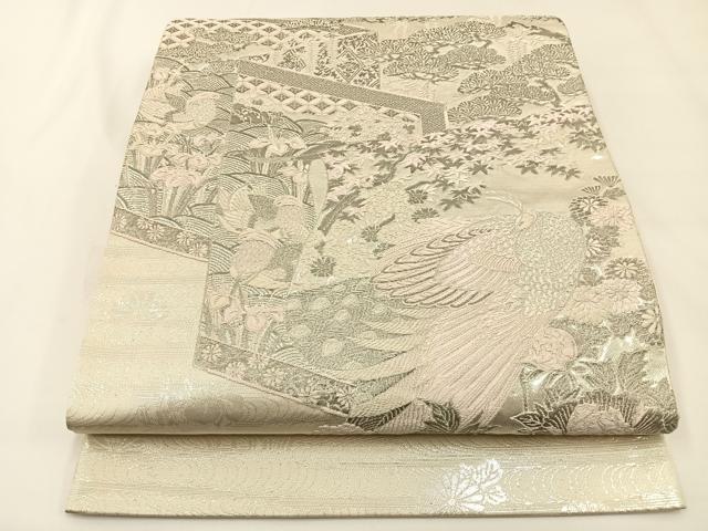 平和屋着物◎太鼓柄袋帯 唐織 王朝屏風小袖文様 プラチナ箔 正絹 逸品 BAAW5363hj