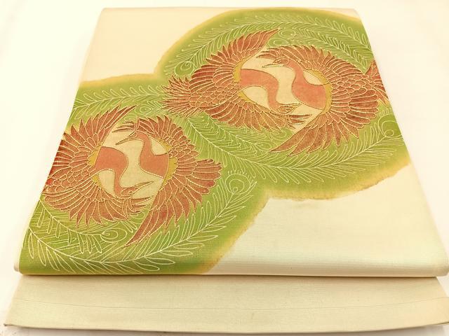 平和屋着物◎太鼓柄袋帯 駒刺繍 鳳凰 金彩 引箔 正絹 逸品 BAAW5384hj