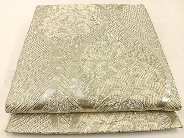 平和屋着物◎六通柄袋帯 立涌牡丹文 銀糸 正絹 逸品 BAAW5390hj