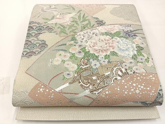 平和屋着物◎太鼓柄袋帯 綴れ 地紙御所車花鳥文 銀彩 正絹 逸品 BAAW5422hj