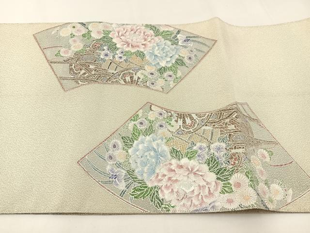 平和屋着物◎太鼓柄袋帯 綴れ 地紙御所車花鳥文 銀彩 正絹 逸品 BAAW5422hj