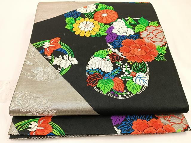 平和屋着物◎六通柄袋帯 唐織 花丸文 黒地 銀糸 正絹 逸品 BAAW5427hj
