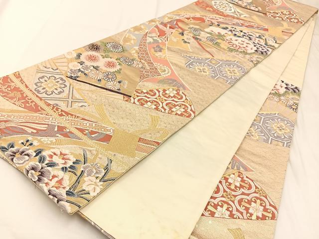 平和屋着物◎六通柄袋帯 唐織 熨斗小花文 金糸 正絹 逸品 BAAW5428hj