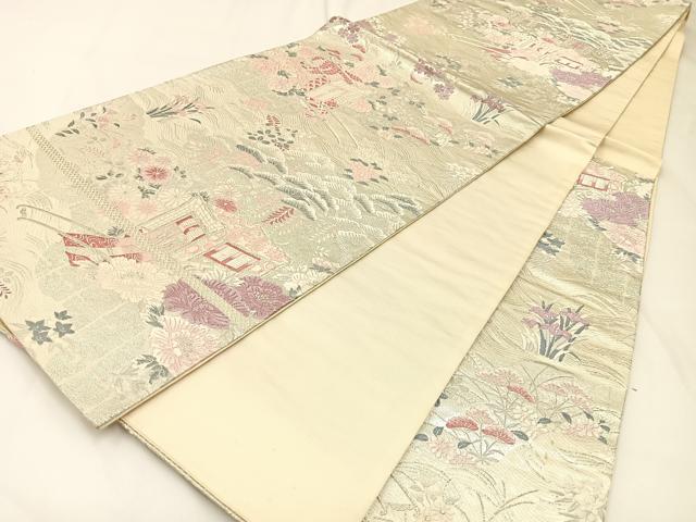 平和屋着物◎六通柄袋帯 唐織 浜松御所車花文 銀糸 正絹 逸品 BAAW5449hj
