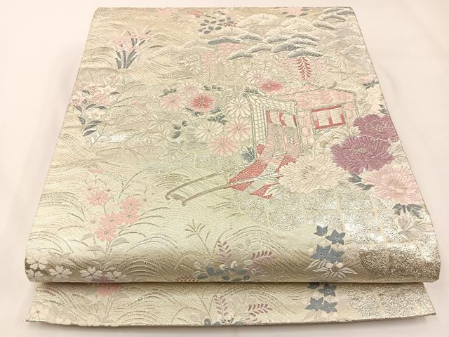 平和屋着物◎六通柄袋帯 唐織 浜松御所車花文 銀糸 正絹 逸品 BAAW5449hj