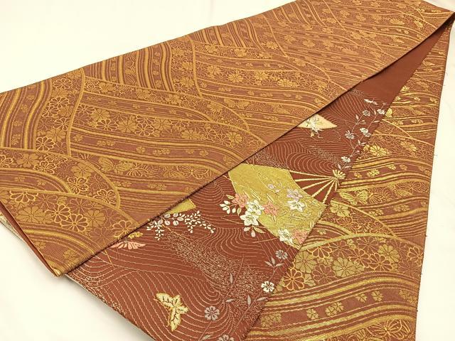平和屋着物◎両面 六通柄袋帯 唐織 渡橋扇面花蝶文 金銀糸 正絹 逸品 BAAW5450hj