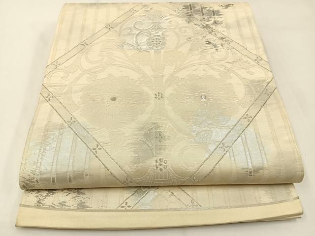 平和屋着物◎六通柄袋帯 菱天井花唐草文 銀糸 引箔 正絹 逸品 BAAW5485hj