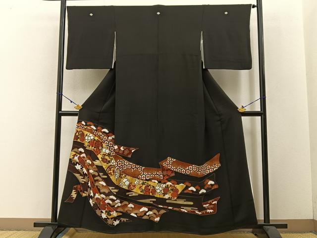 平和屋着物■豪華黒留袖 駒刺繍 熨斗花文 金彩 正絹 逸品 BAAW5579hj