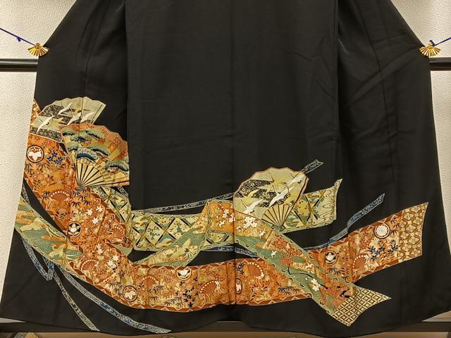 平和屋着物■豪華黒留袖 松竹梅 扇面飛鶴花文 金彩 正絹 逸品 BAAW5594hj