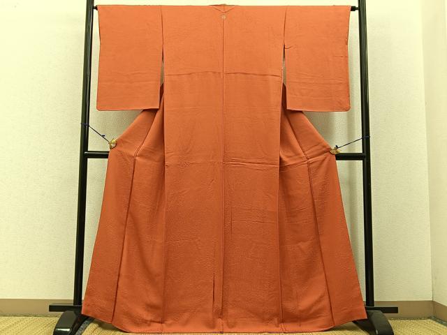 平和屋着物■上質な色無地 松花地紋 照柿色 正絹 逸品 BAAW5613hj