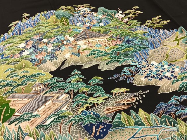平和屋着物■豪華黒留袖 友禅 作家物 松竹梅風景文 正絹 逸品 BAAW5636hj