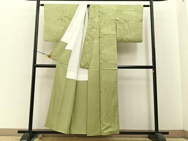 平和屋着物■上質な色無地 草花地紋 抹茶色 正絹 逸品 BAAW5696hj