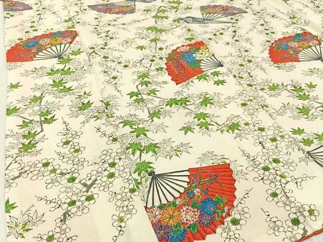 平和屋着物■上質な小紋 手描き 扇面枝花文 正絹 逸品 BAAW5718hj