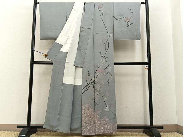 平和屋着物■訪問着 手描き 枝葉文 たたき染め 金彩 正絹 逸品 BAAW5805hj