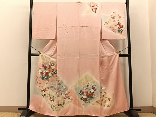 平和屋着物■訪問着 刺繍 鴛鴦花文 暈し染め 銀彩 正絹 逸品 BAAW5817hj